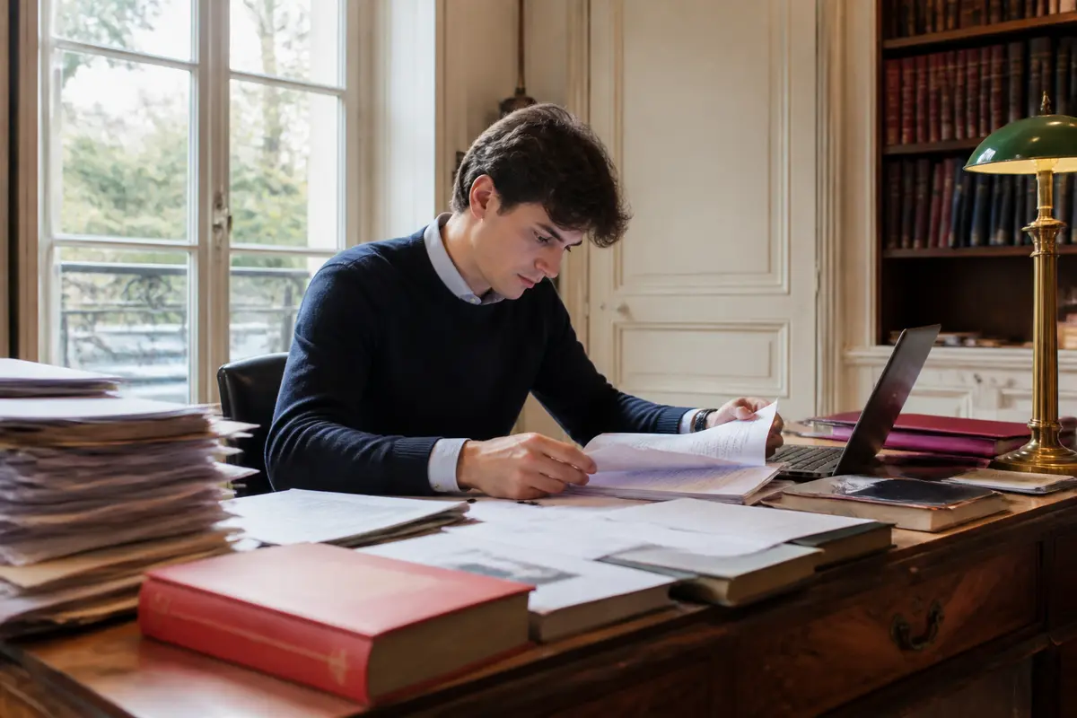 Un homme étudie des documents de dmn notariat dans un bureau avec livres et ordinateur