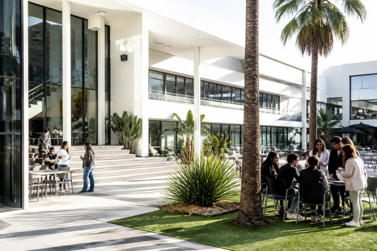 Étudiants discutant à l'extérieur sur le campus Cannes des Élysées Marbeuf