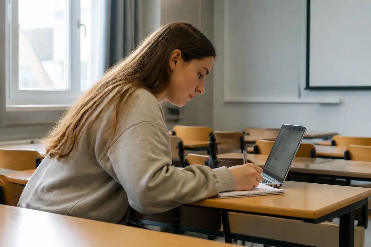 Étudiante travaillant sur ordinateur en formation à distance pour devenir orthoptiste en classe.