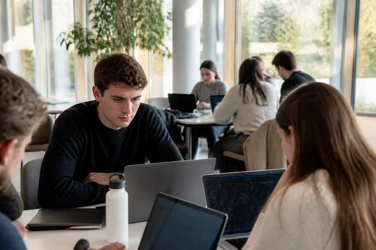 Étudiants travaillant en groupe sur ordinateurs dans l'environnement de l'école de GEM