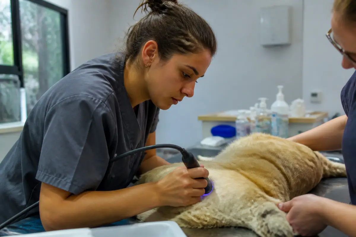 Vétérinaire effectuant une échographie sur un chien, procédure médicale gipsa ASV en clinique