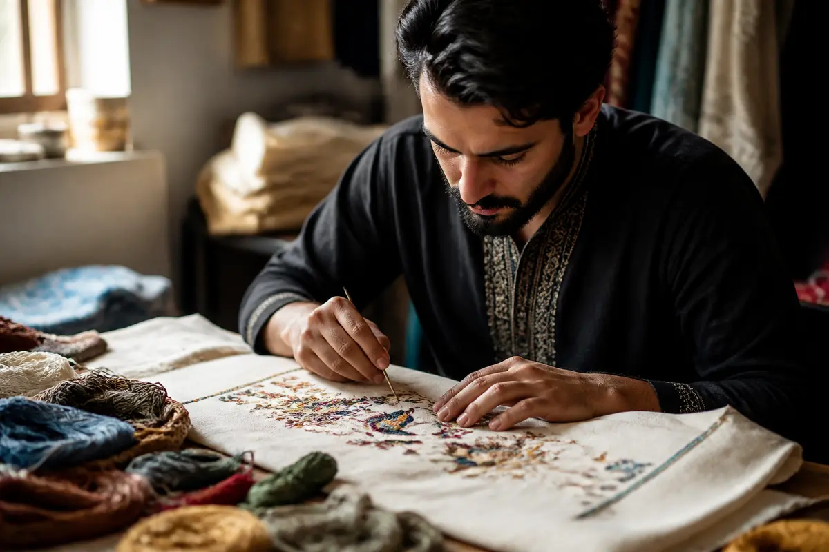 Homme concentré sur un projet de métier de broderie avec fils colorés sur table