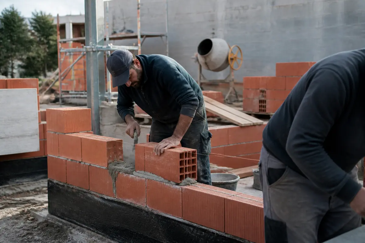 Maçons construisant un mur, exemple de métier qui recrute en 2025