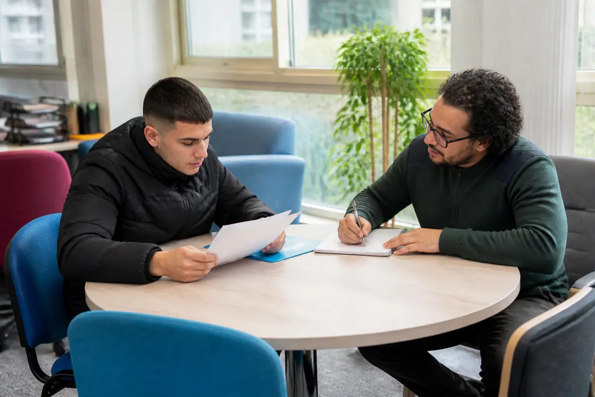 Deux hommes collaborant sur un document à la Mission Locale de Lyon 8