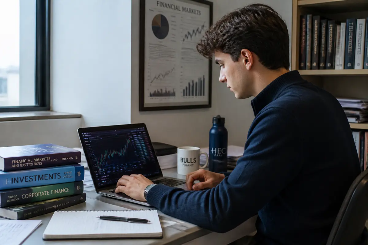 Étudiant utilisant un ordinateur portable pour analyser des données en programme de master finance
