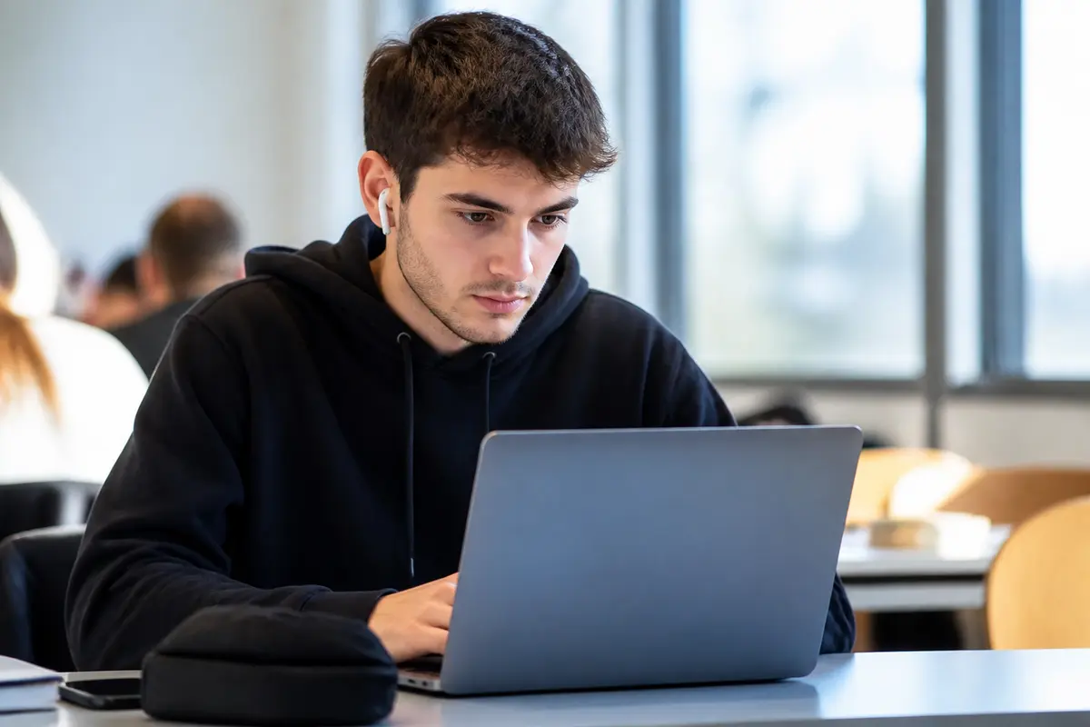 Un étudiant concentré sur son ordinateur pour ses notes à l'IUT d'Orléans