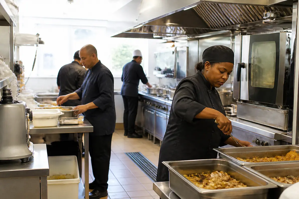 Cuisiniers à l'œuvre dans une cuisine de restaurant de collectivité pour emploi alimentaire